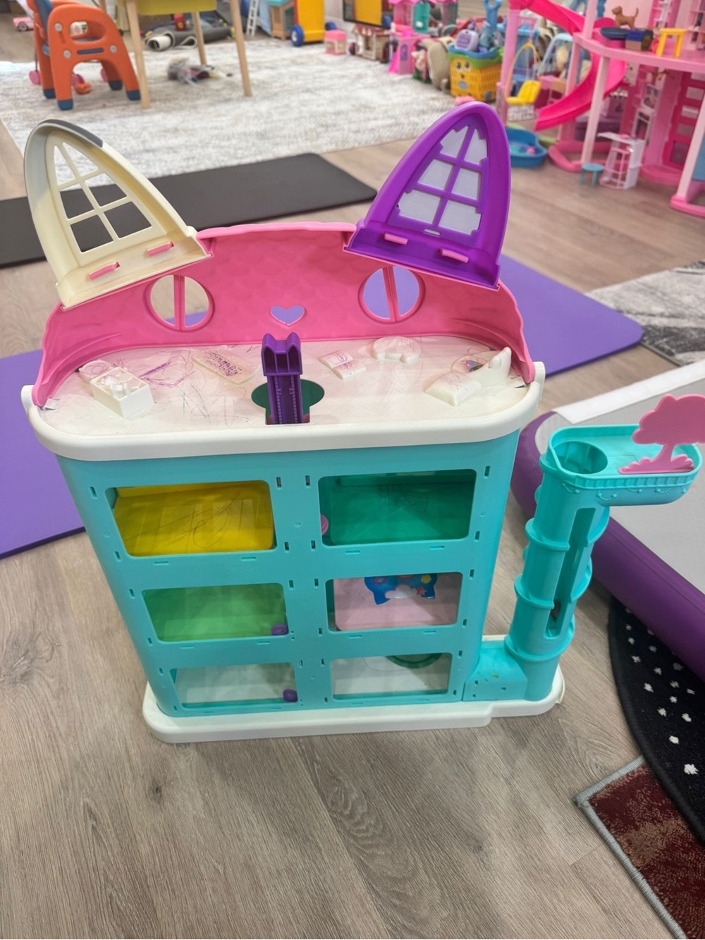 Children's Dollhouse Play Center in Teal, Pink & Purple